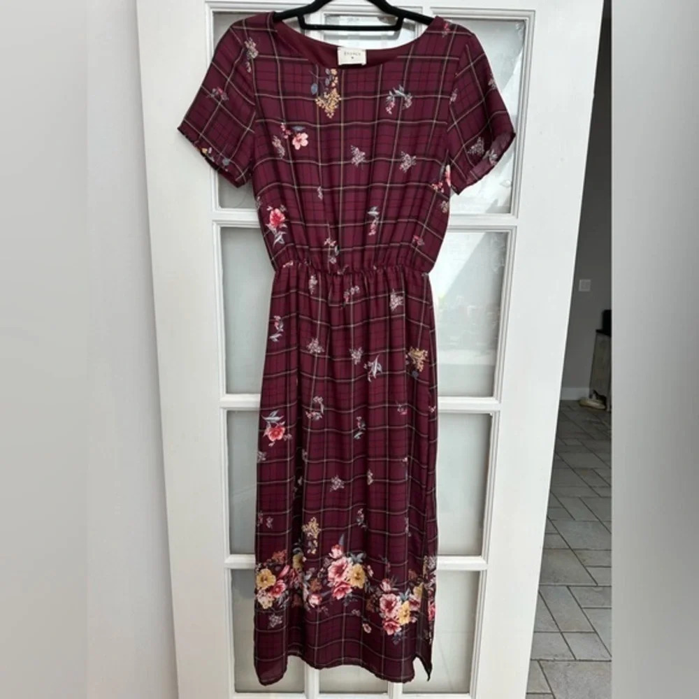 Anthropologie Everly Burgundy Plaid Floral Boho Midi Dress Size S Small